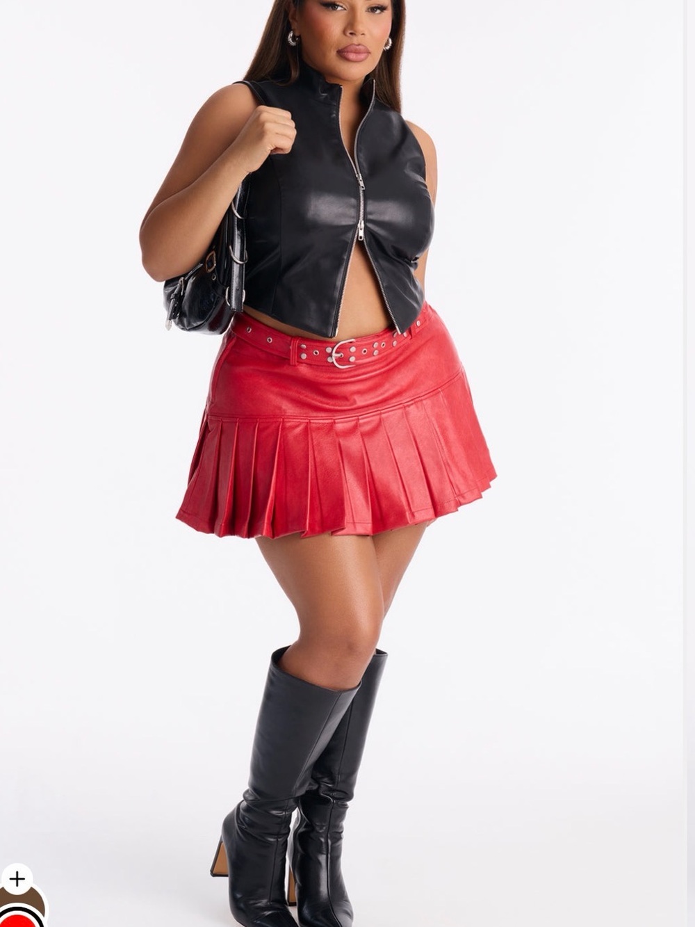Fashion Nova Red Pleated Faux Leather Mini Skirt with Studded Belt - Picture 10 of 10